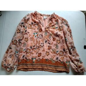 Joie Womens Blouse M/M Pink Floral Sheer Long Sleeve V-Neck Ruffle Collar